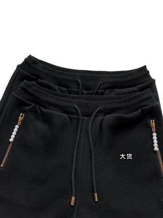 Pearl Lettering Embroidered Zip-Up Shorts